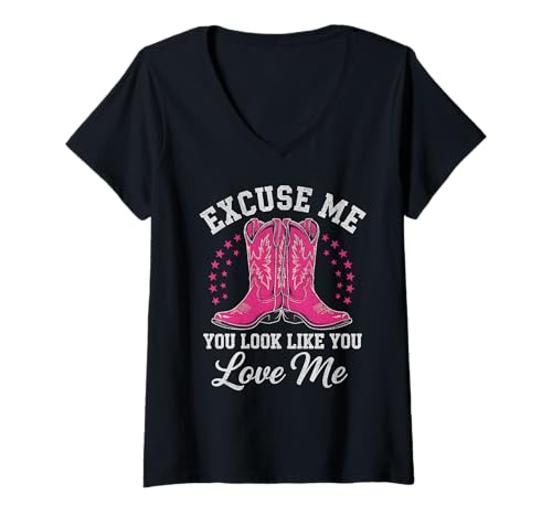 Womens Excuse Me You Look Like You Love Me Cowboy Shoes V-Neck T-Shirt