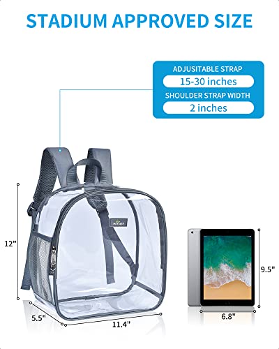 Bgenius Clear Backpack Stadium Approved, Small Clear Backpack with Padded Shoulder Straps for School Security Travel Concert Sport Events - Grey - Thumbnail 2