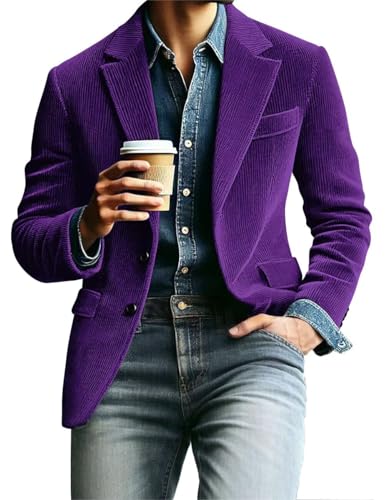 Mens Corduroy Blazer Vintage Suit Jacket Casual Formal 2 Button Notch Lapel Sport Coat Long Sleeve Wedding Coats