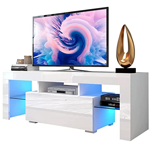 MTFY Modern White TV Stand for 45 50 55 inch TVs, High-Gloss Entertainment Center TV Stand with 16 LED Lights, Media TV Storage Cabinet with Drawers for Living Room,Bedroom, Quick Assembly