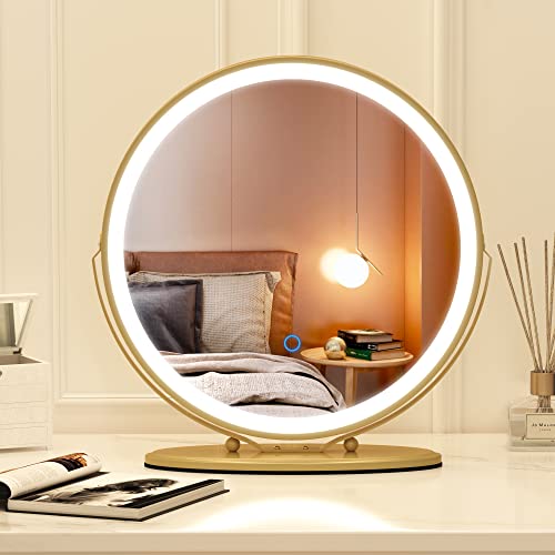 Vlsrka 20 Inch Makeup Mirror Vanity Mirror With 3 Color Lighting Modes, Touch Control Desk Mirror, 360° Rotatable, High-Definition Large Round Cosmetic Mirror, Gold #TOP1