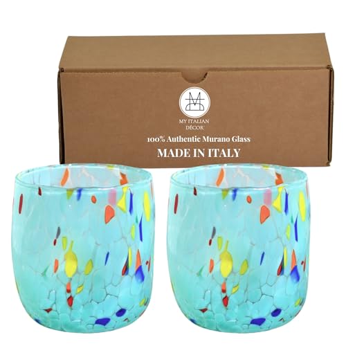MY ITALIAN DCOR Hand Blown Murano Glass Cups Set of 2 14 oz Murano Glassware Colorful Drinking Glasses Colored Glassware Colorful Drinkware Confetti Design Drinkware- Made in Italy (Sky Blue)