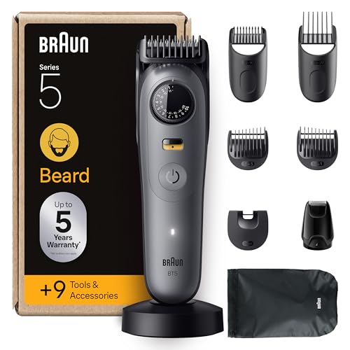 Braun Barttrimmer Series 5, Elektrischer Bartschneider Herren mit 9 Zubehörteile, Ultrascharfe ProBlade Klinge, 120 Min Akkulaufzeit, Kabelloser Bartrasierer, 40 Längen, Wasserdicht, BT5565, Grau