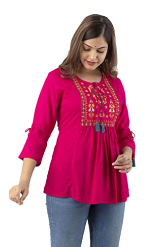 Image of DMP FASHION Women's Rayon Classic Heavy Embroidery Top with Beautifull Tassels at Front and on Both Sleeves