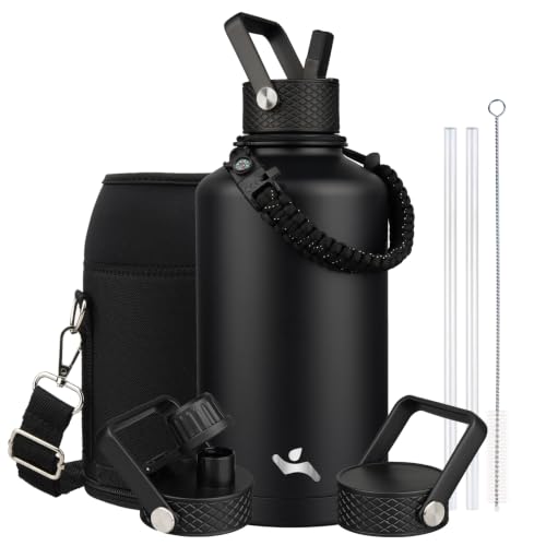 Image of Konokyo Insulated Water Bottle with Straw,87 oz 3 Lids Water Jug with Carrying Bag,Paracord Handle,Double Wall Vacuum Stainless Steel Metal Flask,Black