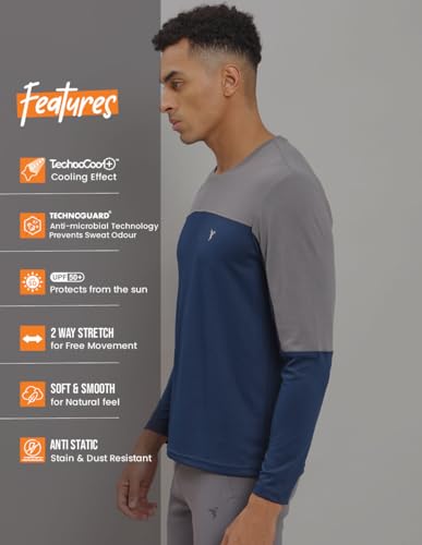 Image of TECHNOSPORT Men Colorblock Slim Fit Round Neck T-Shirt with TECHNOCOOL+ (Light Blue) Gym Tee Dry Fit T Shirt for Men Sports Top for Him
