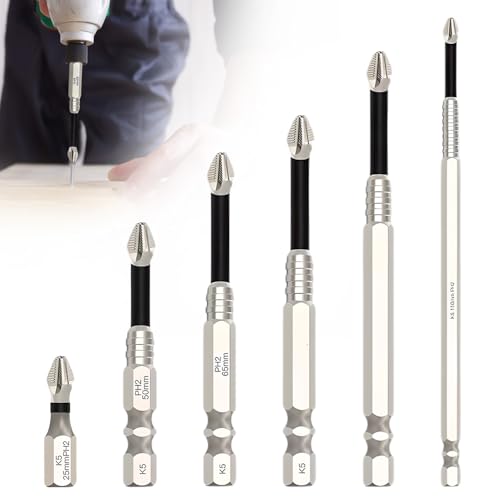 Hex Head Screwdriver Kit, 6pcs Magnetic Anti Slip S2 Steel Bits Set, 1/4 inch Hex Shank, Precision PH2 Drill Bit Set, Compatible with Electric Drill and Driver Tools (6)