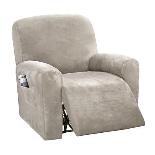 H.VERSAILTEX Velvet Stretch Recliner Couch Covers 4-Pieces Style Recliner Chair Covers Recliner Cover for Reclining Chair Slipcovers Feature Non Slip Form Fitted Thick Soft Washable, French Oak by H.VERSAILTEX - Used condition - US$26.25