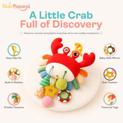 Image of Crab Plush Stroller Toy for Babies 0-12 Months | Colorful Hanging Sensory Rattle Toy with C-Clip for Crib | Washable Interactive Tummy Time Soft Toy | Pram & Car Seat Toy for Toddlers