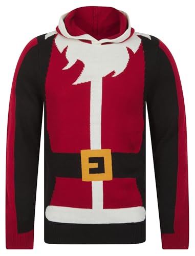 shelikes Mens Christmas Hooded Jumper Xmas Elf Top Knitwear Sweater Hoodie Ugly Novelty Knitted Jumpers (Xmas Red S)