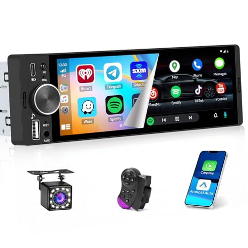 Autoradio Hikity Bluetooth 1 DIN avec Carplay Android Auto sans Fil, 1 Radio DIN avec écran Tactile de 6,28 Pouces, Lien Miroir, Radio FM, Type-C+USB, SWC, EQ, Caméra de Recul