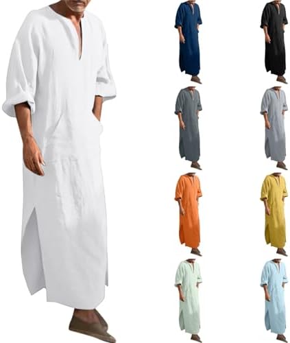 Men C V Neck Linen Robe Short Sleeve Muslim Beach Long Gown Casual Shirt Fashion Summer Beach Holiday Trendy Bathrobes
