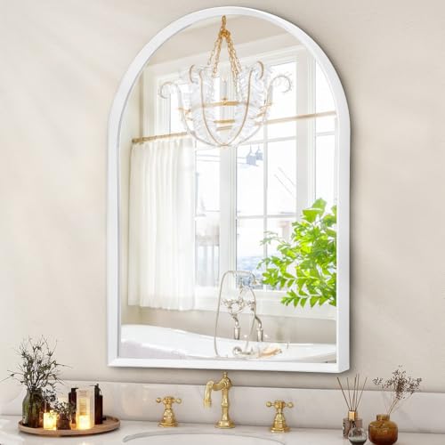 Image of Arched Wall Mirror, Brushed Metal Frame Mirror, Arch Bathroom Vanity for Living Room Bedroom Mantel Entryway Hallways Home Decor Aluminum Alloy Frame 20 inchx16 inch