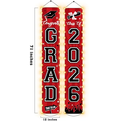 Image of 2026 Graduation Banners Class of 2026 Congrats Grad Porch Sign Party Lighted Decorations Supplies Welcome Hanging Door Decor with LED Light Banners for Indoor Outdoor(Red and Black)