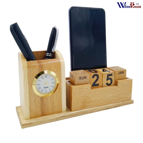 Image of WOODHOUSE Wooden Pen Stand with Calendar & Mobile Stand for Office Table, Pen Holder 100 Years Calendar, New Year Calendar 2023 for Office Table | Lifetime Infinite Perpetual Desk Calendar (WH-107)