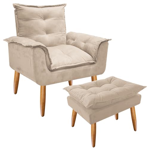 Combo Poltrona Decorativa Opala Deluxe com Puff Suede Bege