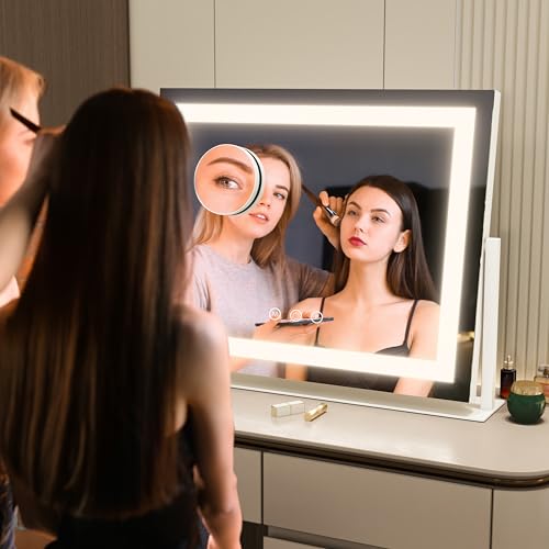 FENNIO Vanity Mirror with Lights 22''x18'' Makeup Mirror with Lights,Lighted Makeup Mirror with 10X Magnification and USB,Smart Touch Screen with 3-Color Lighting,Dimmable(Square White)
