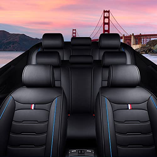 Image of Car Seat Cover 8 Seats for Mitsubishi Outlander 2003-2025, Durable Wear Resistant Waterproof Sport Seat Cover, Breathable No Odor Premium Leather Vehicle Seat Covers.(Luxury,Black Blue)
