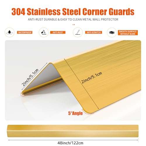Image of 2x2x48 Inch 304 Stainless Steel Wall Corner Guards (5-Pack) Heavy Duty Rounded Corner Protector, Smooth Folded Edge Design for Wall Protection Golden Stainless Steel Slab
