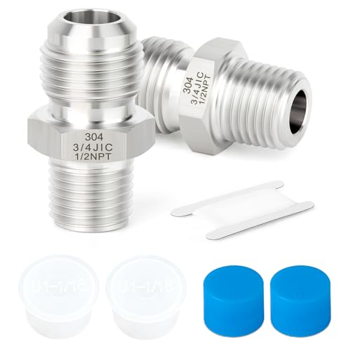 Image of TAISHER 2PCS Forging of 304 Stainless Steel JIC Flare Tube Fittings, 3 /4 inch JIC Male x 1 /2 inch NPT Male, Half Union