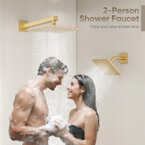 Juego de grifo para ducha en oro cepillado con cabezales de ducha lluvia de 10" y 8" | Sistema de ducha metálico completo para dos personas, cabezal de ducha de pared con rociador manual, válvula de ducha de 3 vías y kit de acabados miniatura 2