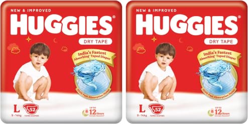 Image of Huggies Dry Tape | Adjustable Tape Style Diapers, Large (L) Size (9-14 Kgs), Pack of 104 | Up To 2X Faster Absorption, Up To 12 Hours Overnight Absorption
