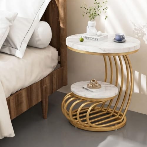 Image of Modern Double-Top Coffee Table with Rustic Farmhouse Accent, Multipurpose Living Room Bedroom, Two-Tier Small Sofa Side Bedside Table with Metal Frame Nightstand (White Gold Mg)