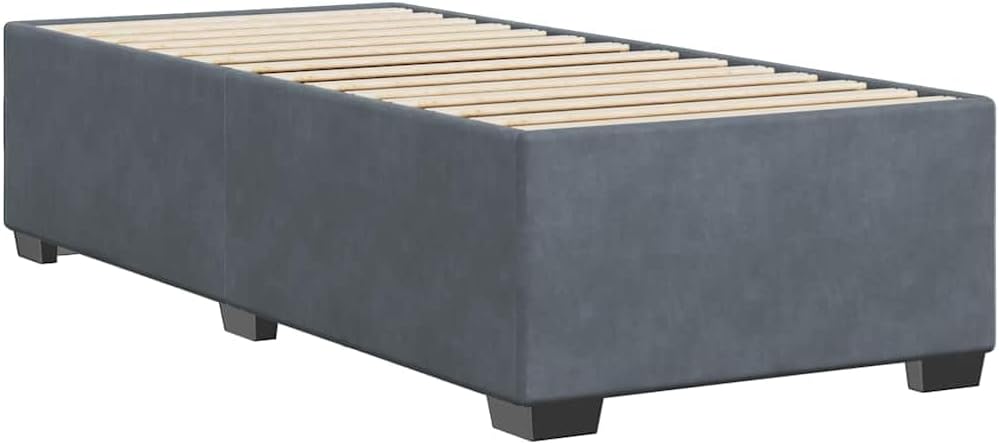 Twin Bed Frame Dark Gray Velvet 100% Polyester with Plywood Engineered Wood Slatted Platform Foundation for Bedroom Modern Minimalist Mattress Support Durable Sturdy Furniture