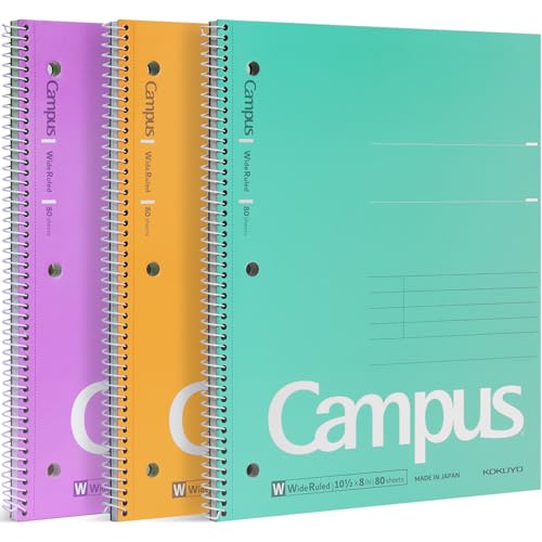 Image of KOKUYO Spiral Notebooks, 3 Pack 10-1 /2 inch x 8 inch Lined Notebooks Wide Ruled | Campus Subject Notebooks, 80 Sheets, 3 Holes School Japanese Ring Journal for Work Study Note Taking, Purple Orange Turquoise