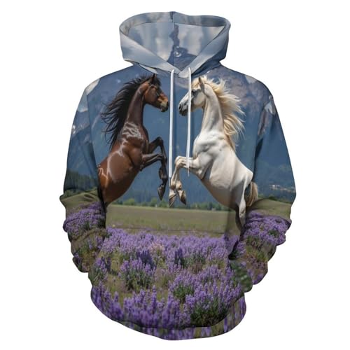 Pull à capuche chevaux imprimé montagne coupe ample et manches longues