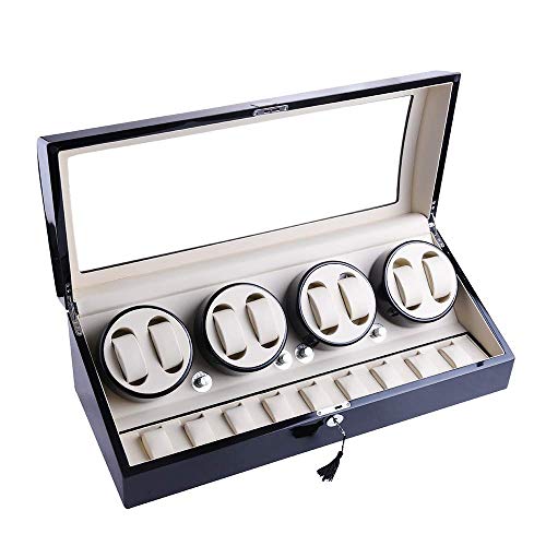 8 + 9 Automatische Drehung Schwarzes Holz Leder Uhrenbeweger Aufbewahrungsvitrine Box