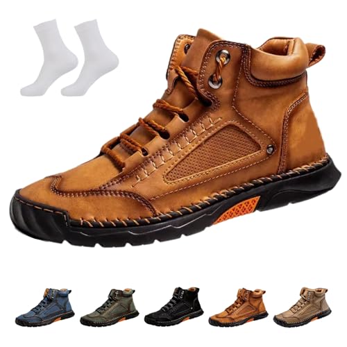 Sawbehind Men's Comfortable Handmade Leather Boots, Waterproof Anti-Slip Spacious Toe Box Outdoor Orthopedic Ankle Boots(Brown,US 10)