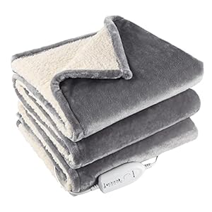 Large Electric Blanket Full Size 72″x84″ Flannel & Beige Synthesis Cotton Wool, Extremely Soft and Comfortable 120W Heating Blanket with 4 Heating Levels &10 Hours Auto-Off Machine Washable, Grey