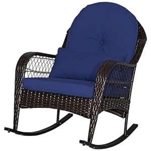 ORALNER Wicker Patio Rocking Chair Outdoor PE Rattan Rocker with Seat and Back Cushion Waist Pillow Armrests Garden Chair for Porch Backyard Poolside Deck 1 Navy