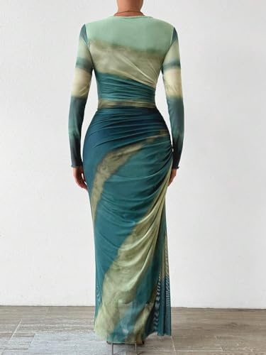 Image of MARZXIN Women Long Sleeve Maxi Dress Bodycon Ruched Formal Slim Fit Tie Dye Dress Formal Mesh Dress