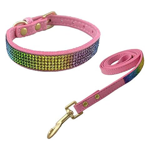 Newtensina Colorful Diamante Dog Collar and Leash Rainbow Colored Puppy Collar with Leashes for Small Dogs - Pink - XS Cover