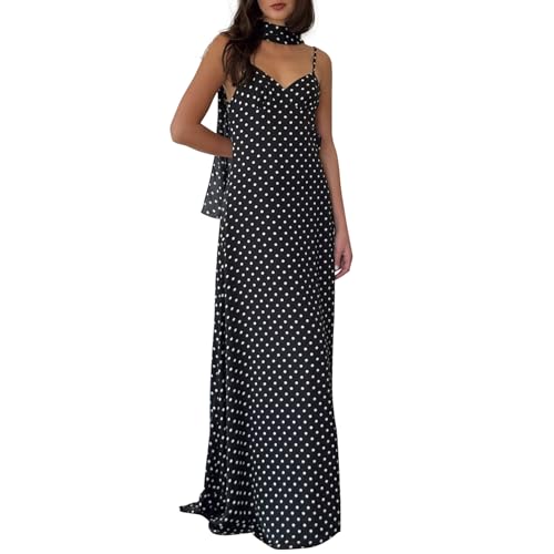 Women Sexy Polka Dots V Neck Backless Maxi Dress Spaghetti Strap Long Party Dress with Scarf Club Outfits