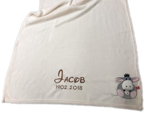 KIDDI-MEDIA Babydecke mit Name und Geburtsdatum Bestickt/kuschelig weich / 1A Qualität (Weiss - Esel - 3D)
