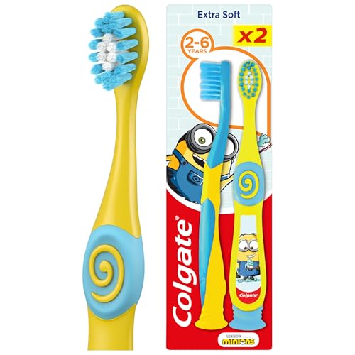 Colgate Kids Minions or Trolls Toothbrush 2 - 6 years - kids toothbrush - extra soft bristles - small toothbrush head - soft tongue cleaner - rounder handle and thumb rest - suction cup
