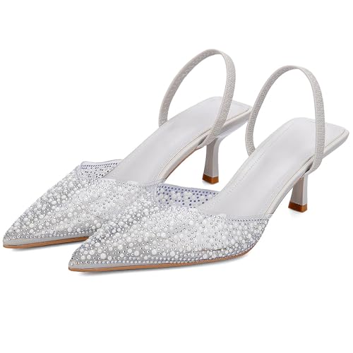 Image of YIYA Women's Clear Slingback Heels with Pearl Studded Pointed Toe Kitten Mid Heels Sparkly Rhinestone Slip On Wedding Party Shoes