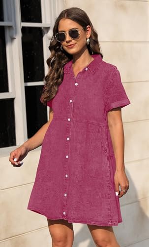 Image of Denim Dress for Women 2026 with Pockets Short Sleeve Jean Dresses for Women
