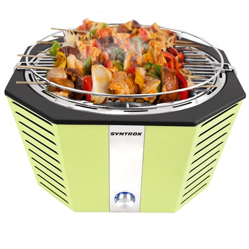 Syntrox Germany Holzkohlegrill Molami aus Edelstahl, Tischgrill, Elektrogrill, Inklusive Tragetasche, Batteriebetrieben, Grill für 6 Personen, Spülmaschinengeeignet (Grün)