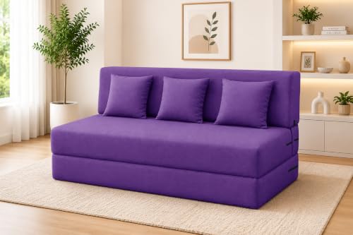 Image of Los Angeles Foldable Three Seater Sofa Cum Bed, Sofa Bed 5 X 6 Feet Jute Fabric Washable Cover- Including Cushion Perfect for Living Room & Office,Guest Room - Purple Color