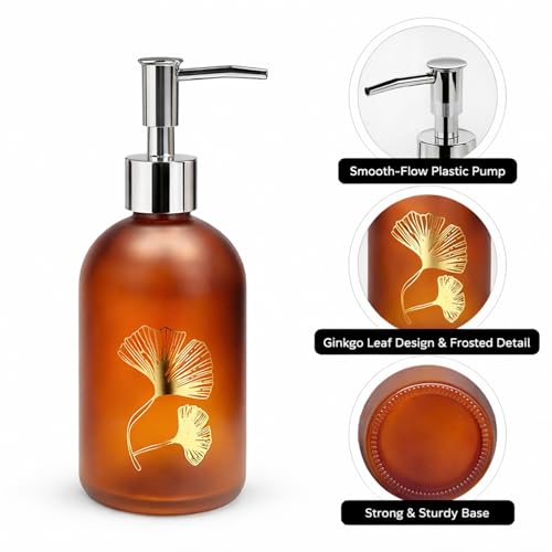 Image of Luxe Home International Flower Print Glass Soap Dispenser for Bathroom and Kitchen Sink Leak Proof Liquid Hand Wash Round Bottle Lightweight Smooth Finish (19.5x7.5 cm Red-Brown) Pack of 1