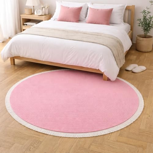 Image of Cotton Round Carpet 3x3 feet - Handmade Braided Boho Rug for Living Room, Bedroom & Balcony - Soft Washable Floor Mat, Color -Pink