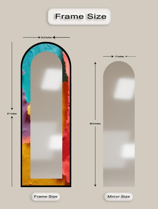Specchio da pavimento astratto a forma di onde arcobaleno da 63,5 x 160 cm (larghezza x altezza), specchio da pavimento con cornice nera e cornice nera