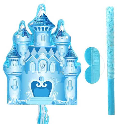 Harrycle Winter Piñata Christmas Wonderland Themed Piñata with Blindfold Bat for Christmas Princess Winter Theme Birthday Party Supplies Decorations(Blue,Castle)