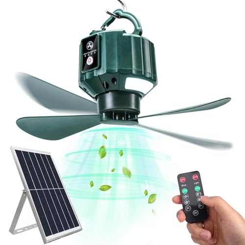 Ventilador con Gancho Regulable Luces de Plafon con Panel Solar y Mando a Distáncia 10400 mAh Batería Portátil Solar Ventilador de Techo con Luz para Patios, Cenadores, Parasol, Camping y Jardín