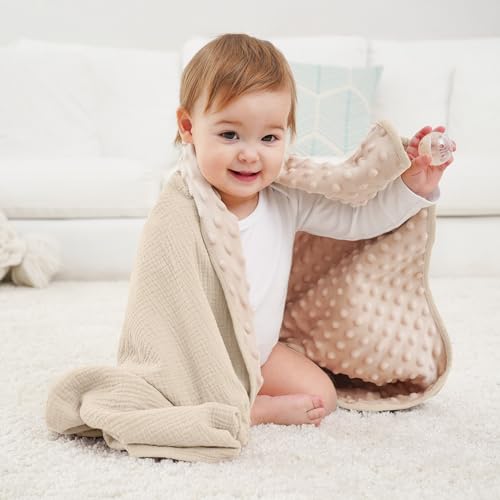 Image of Susurration Baby Blanket for Unisex Boys Girls, Soft Nursery Minky Blanket with Muslin Cotton Front and Dotted Fleece Back, Receiving Blanket for Baby Newborn Infant, 30x40inch (Cream)