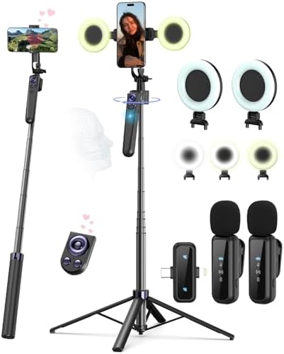 Vlogging Kit for iPhone/Android, 63”Auto Face Tracking Tripod for iPhone with Light, Wireless Microphones, Scrolling Remote Control for TikTok, Content Creator Kit for YouTube Starter